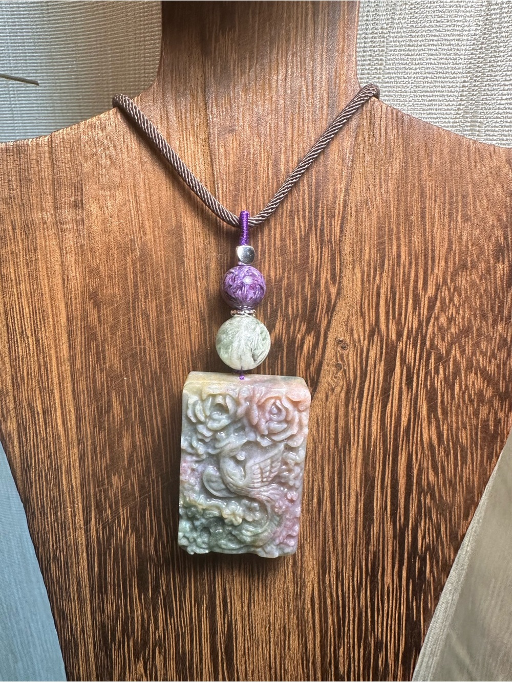 Ocean Jasper Phoenix Pendant Necklace with Feather Fluorite on Brown Rope - Picture 4 of 15